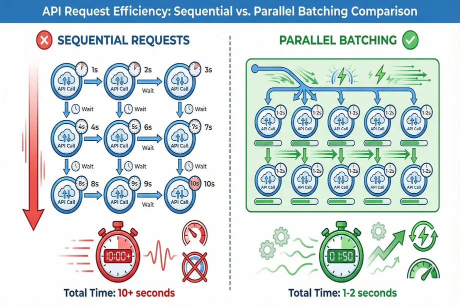 Infographic comparing sequential API requests (10+ seconds total, one call at a time) versus parallel batching (1–2 seconds total, multiple simultaneous calls), illustrating the performance advantage of parallel API request handling.