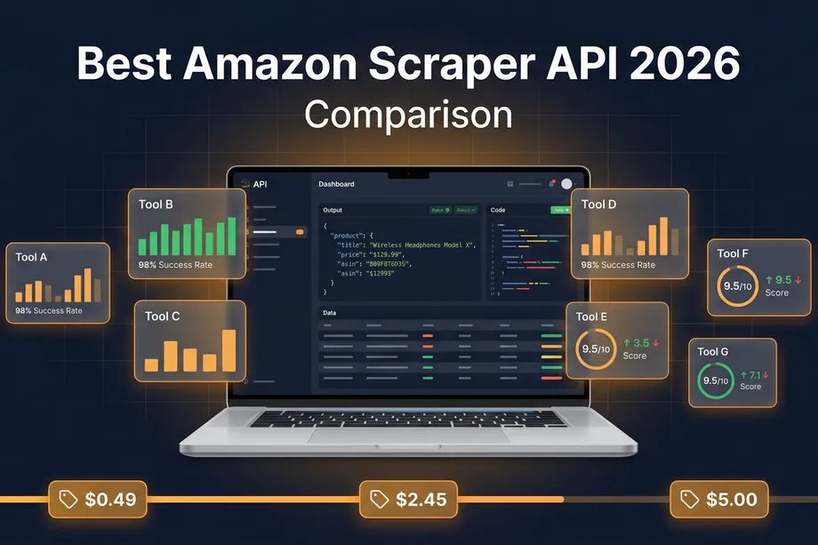 Illustration for a 2026 e-commerce scraper API comparison article, showing a laptop with an API dashboard surrounded by seven tool scorecards displaying success rates and scores out of 10, with a pricing range bar from $0.49 to $5.00 at the bottom.