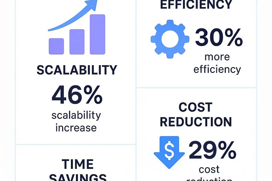 Diagram highlighting four Bulk API Automation benefits: 46% scalability increase, 30% more efficiency, 58% time savings, and 29% cost reduction, each represented with a corresponding icon.