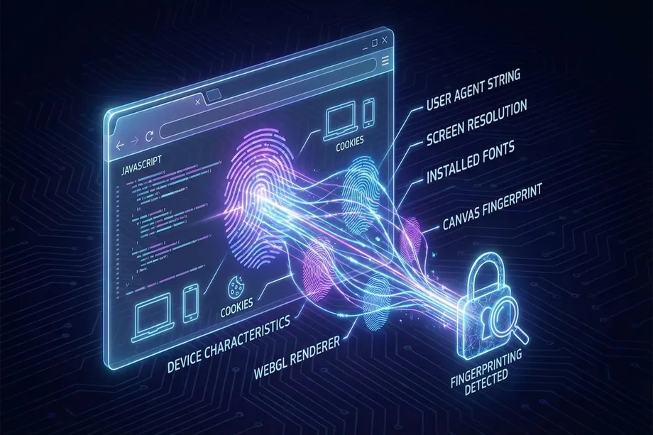 Isometric illustration of browser fingerprinting detection, showing digital fingerprints emerging from a webpage and labeled with tracked signals user agent string, screen resolution, installed fonts, canvas fingerprint, WebGL renderer, cookies, and device characteristics converging into a security lock.