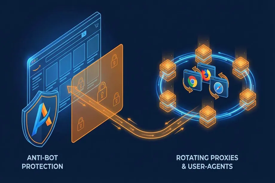 Isometric illustration contrasting Amazon's anti-bot protection shown as a locked page barrier with a security shield against rotating proxies, browser fingerprints, AI crawler restrictions, and structured Amazon data extraction.