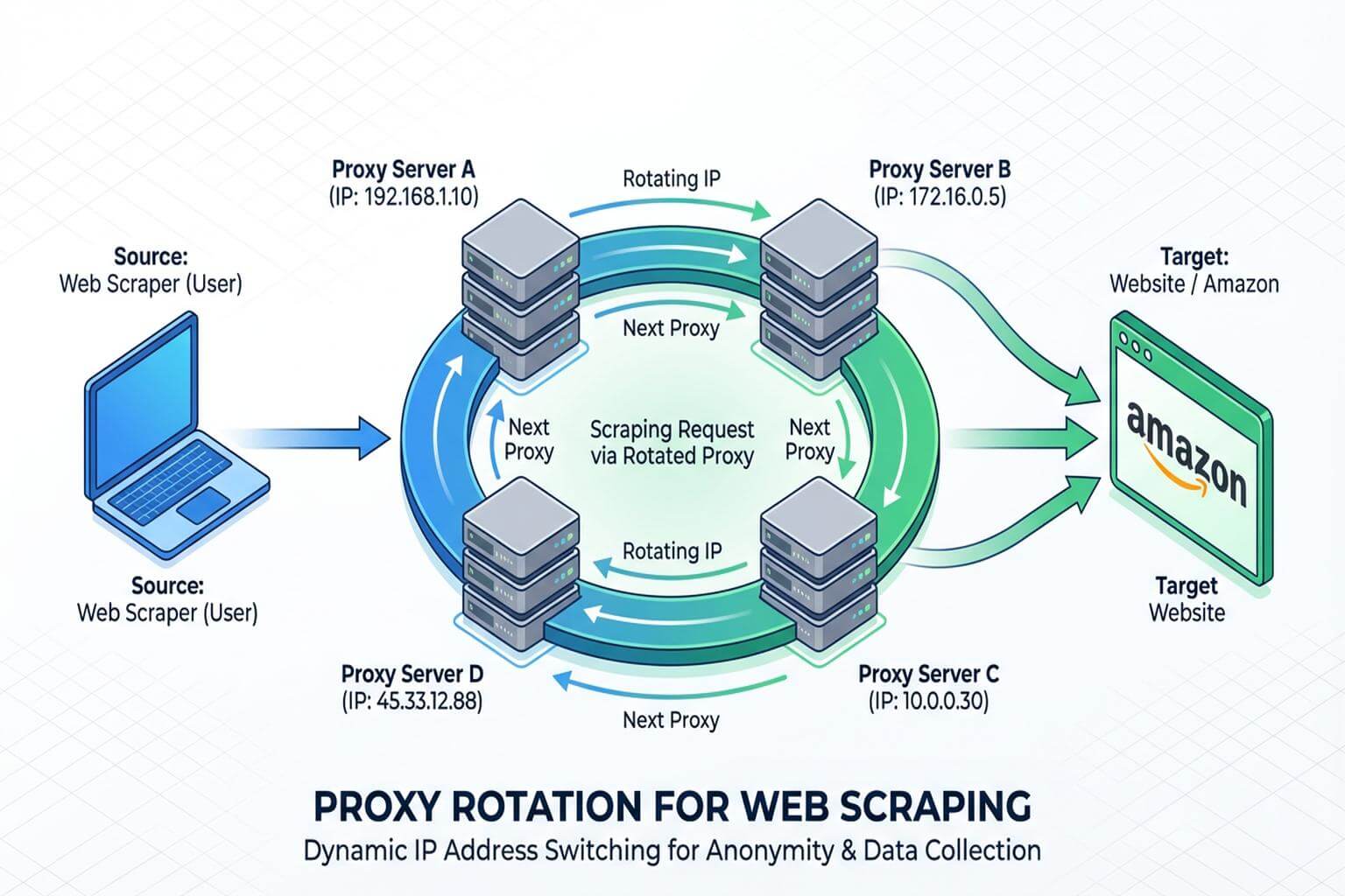 Technical diagram of proxy rotation for web scraping