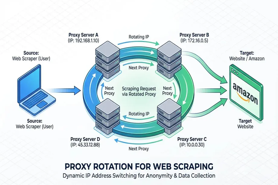 Proxy rotation diagram for web scraping showing requests cycling through four proxy servers with different IP addresses before reaching Amazon, illustrating dynamic IP switching for anonymity and data collection.