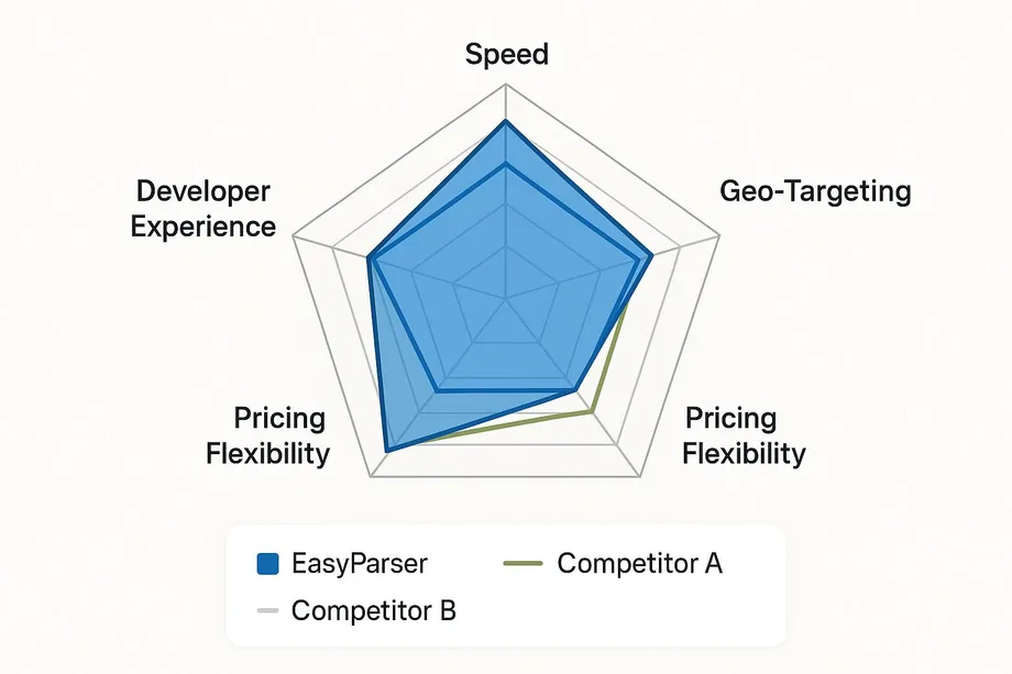Radar chart comparing Easyparser against Competitor A and Competitor B across five dimensions with Easyparser scoring highest across all categories.