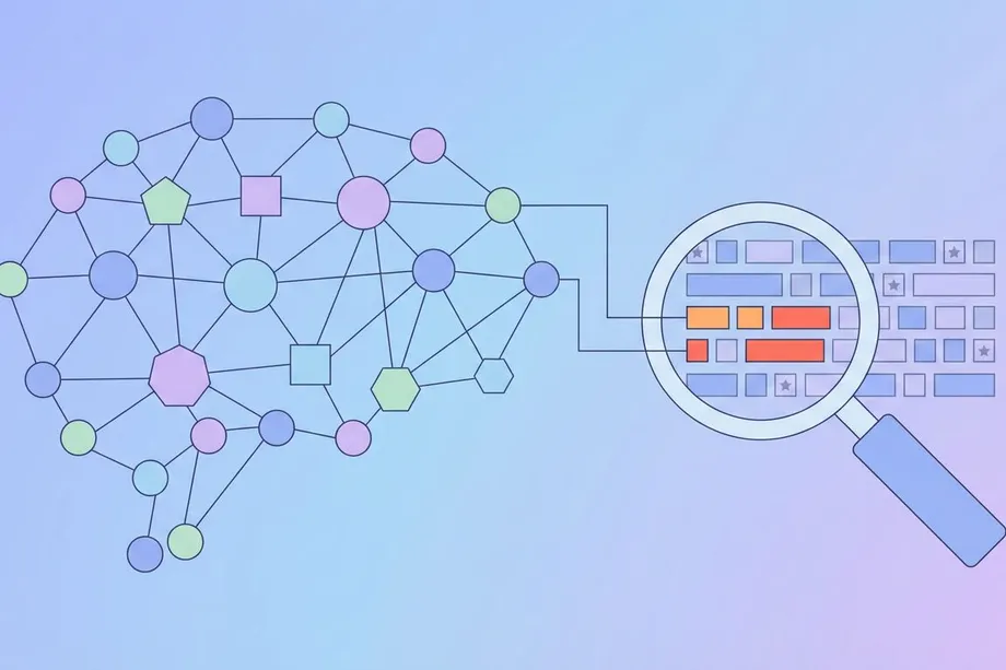 Illustration of an AI neural network shaped like a brain connecting to a magnifying glass analyzing a structured data grid with highlighted rows, representing natural language processing and sentiment detection in customer review analysis.