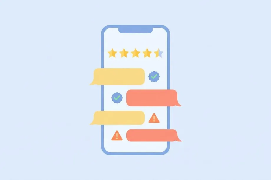 Mobile phone displaying a 4.5-star rating with a mix of verified (checkmark) and flagged (warning triangle) customer review bubbles in yellow and red, representing Amazon review monitoring and sentiment analysis.