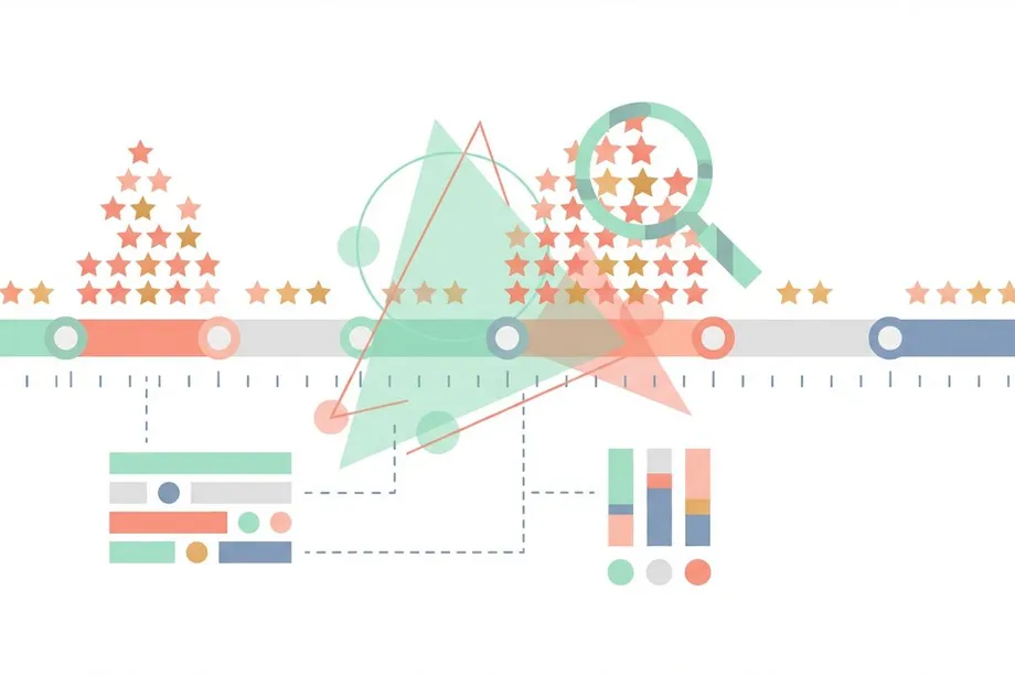 Abstract data visualization illustration showing star rating distribution clusters, a magnifying glass analyzing reviews, a timeline with color-coded segments, and grouped bar charts, representing customer review analytics and sentiment trend analysis.