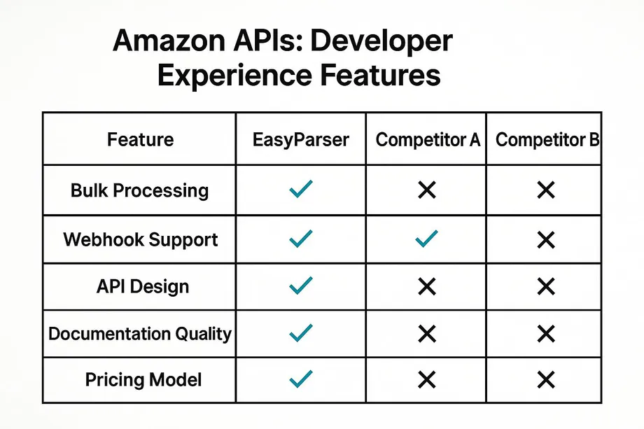 Comparison table of Amazon API developer experience features across Easyparser, Competitor A, and Competitor B, covering bulk processing, webhook support, API design, documentation quality, and pricing model - Easyparser supports all five features while both competitors fall significantly short.