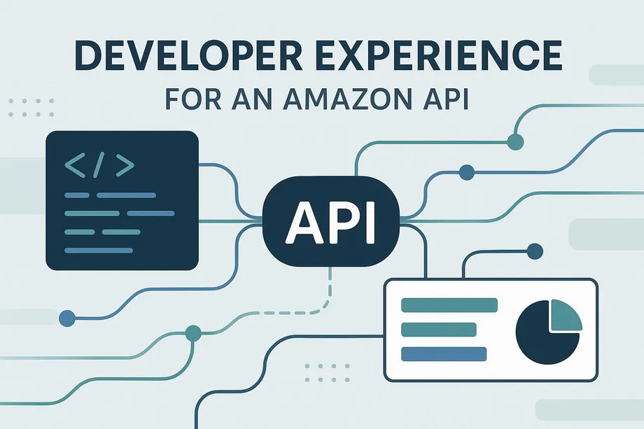 Illustration titled "Developer Experience for an Amazon API," showing a code editor and an analytics dashboard connected to a central API node via circuit-style data pathways.