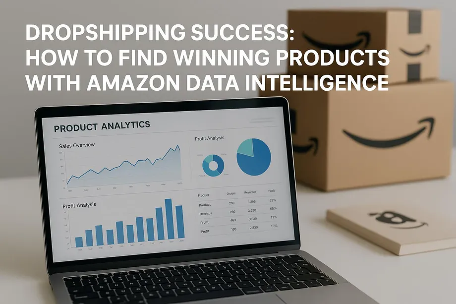 A laptop displaying a product analytics dashboard with sales overview charts, profit analysis graphs, and a revenue table, placed in front of Amazon shipping boxes, illustrating data-driven dropshipping product research.