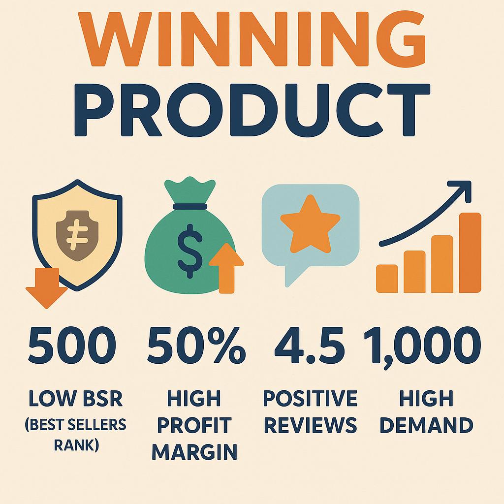 Infographic showing the key metrics of a winning product: Low BSR, High Profit Margin, Positive Reviews, and High Demand.