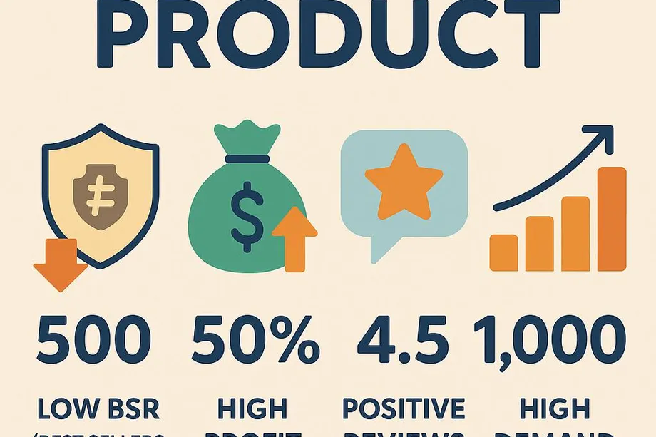 Diagram showing four criteria of a winning product: BSR rank of 500, 50% profit margin, 4.5 positive review score, and 1,000 high demand units, each represented with a corresponding icon.