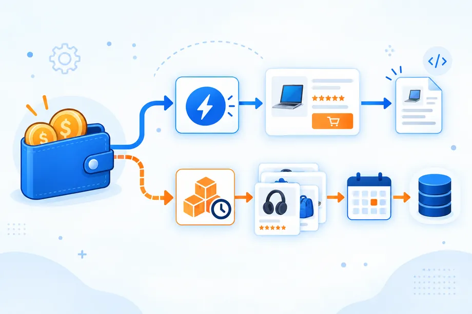 Editorial illustration showing a credit wallet splitting into a Real-Time API lane and a Bulk API queue with cache, calendar, and structured product data icons.