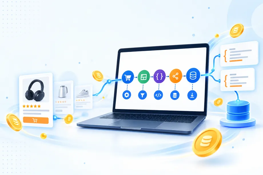 A modern laptop with structured product-data cards and blue-and-gold credit tokens moving through an API pipeline, illustrating how Easyparser API credits flow through real-time and bulk Amazon data workflows.
