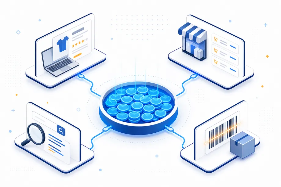 Illustration of a monthly API credit pool flowing into product detail, seller offer, keyword search, and product lookup data cards.