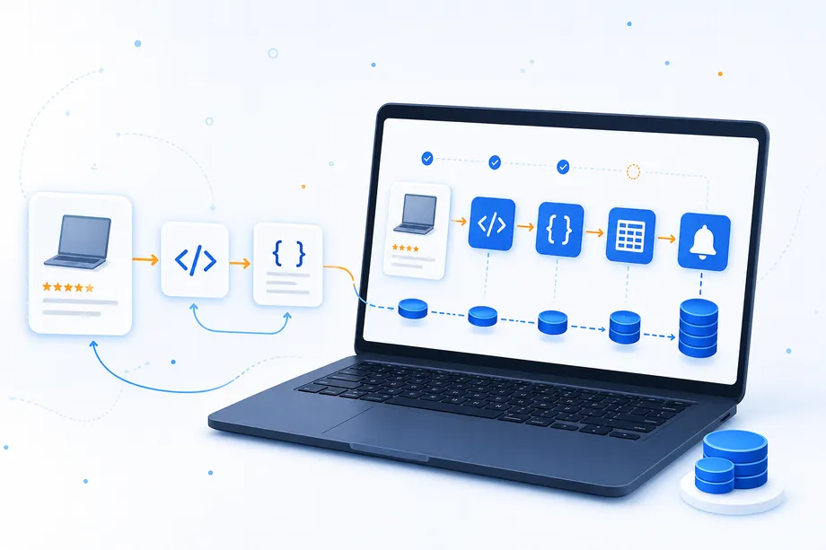 Illustration of a developer testing an Amazon data API workflow from product data to structured JSON, spreadsheet analysis, and an alert destination.