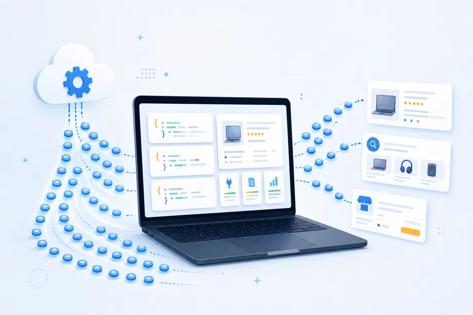 A modern laptop displays abstract Amazon product data and structured JSON cards while blue credit tokens flow through an API pipeline, illustrating Easyparser's 100-credit free tier.