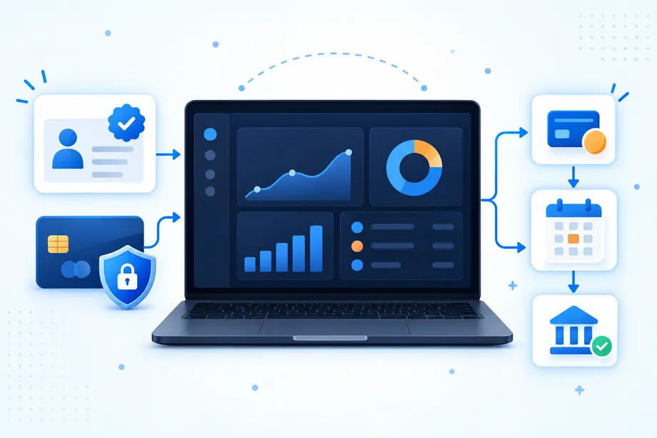 A dark navy payout dashboard connects verified identity and secure bank details to earnings review, a calendar hold, and an approved bank destination through blue data paths.