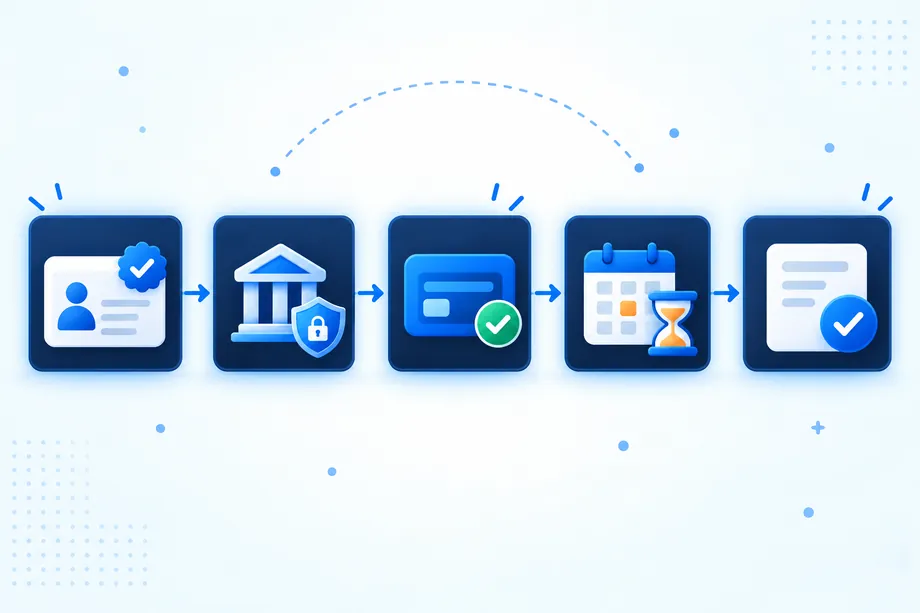 Easyparser-style workflow diagram showing an individual or business profile, identity and bank verification, LIVE payment earnings, a 15-day hold, reconciliation checks, and a payout request.