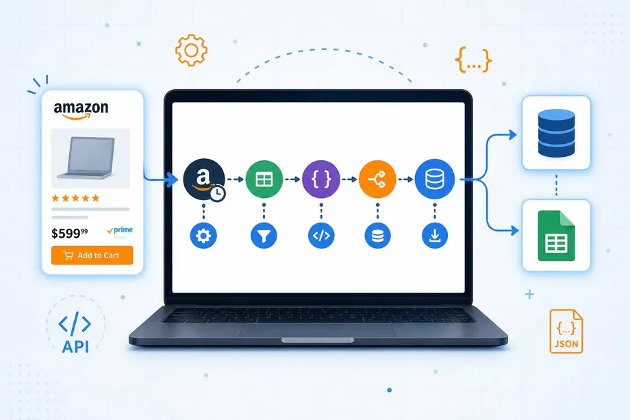 A conceptual illustration showing Make.com's visual workflow connecting Amazon data to a database via Easyparser API, symbolizing no-code ecommerce automation.