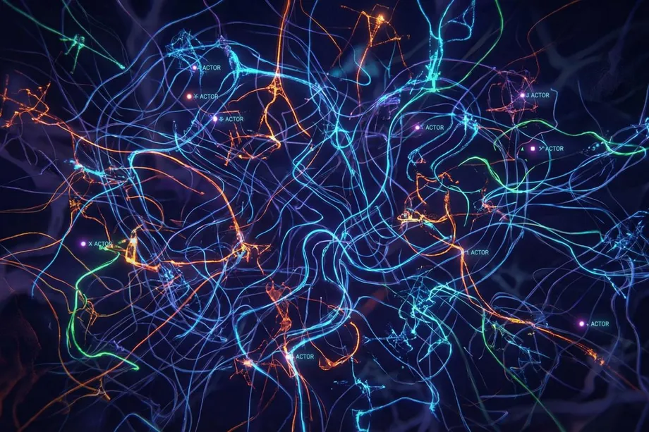 Abstract illustration of a complex actor-based web scraping architecture visualized as a tangled network of glowing colored lines and labeled actor nodes on a dark background, representing the complexity of managing multiple interconnected scraping actors.
