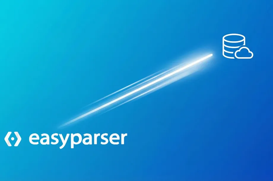 Easyparser logo on a blue gradient background with a light streak illustration pointing toward a cloud database icon, symbolizing fast and direct data extraction to cloud storage.
