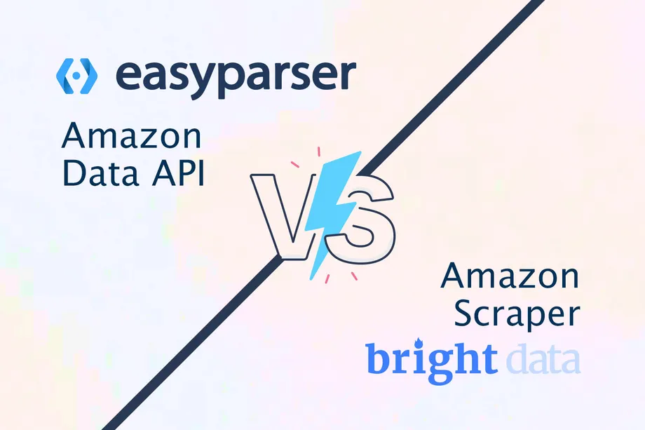Illustration comparing two Amazon data tools: Easyparser Amazon Data API on the left versus Bright Data Amazon Scraper on the right, separated by a diagonal line with a lightning bolt versus graphic.