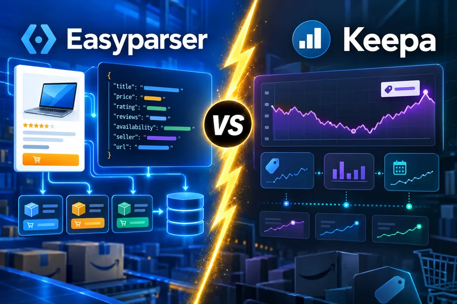 Editorial split-screen illustration comparing Easyparser structured live Amazon data on one side with Keepa price-history charts and trend data on the other, separated by a gold lightning bolt and a VS marker.