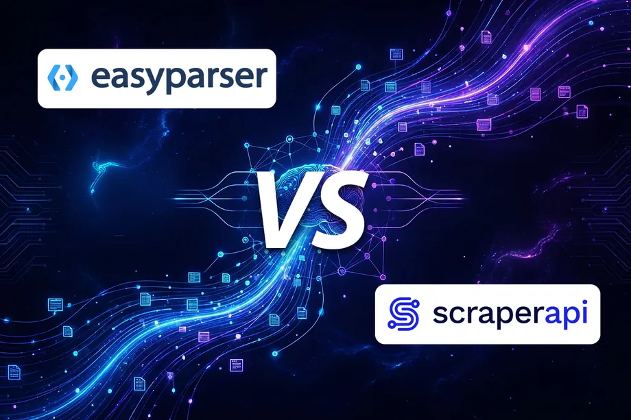 Illustration comparing two web scraping API tools side by side against a dark digital background with glowing data streams and document icons flowing between them.