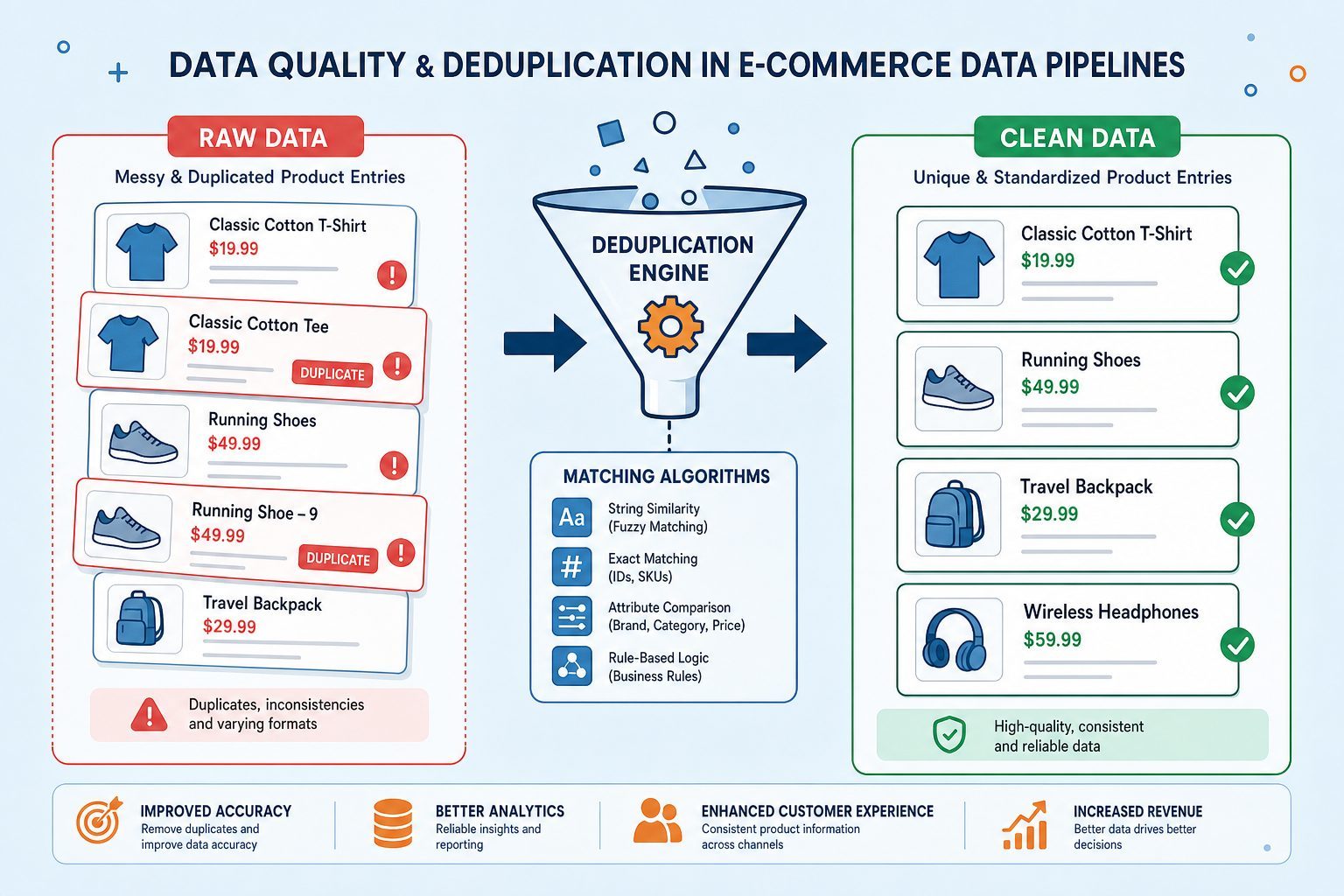Infographic illustrating data quality and deduplication processes in e-commerce pipelines, showing raw duplicate data being processed through a deduplication engine to produce clean, standardized product records.