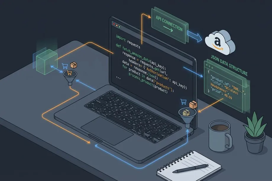 Isometric illustration of a developer's laptop running Python code to fetch Amazon product data via API connection, with the resulting JSON data structure showing product ID, title, and price floating alongside filtered product funnels on a dark desk setup.