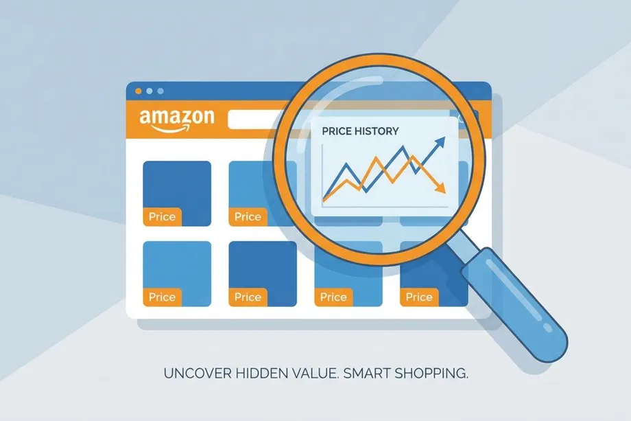 Magnifying glass over an Amazon product listing page revealing a price history chart with rising and falling trend lines, representing Amazon price tracking and historical price analysis for smart shopping decisions.