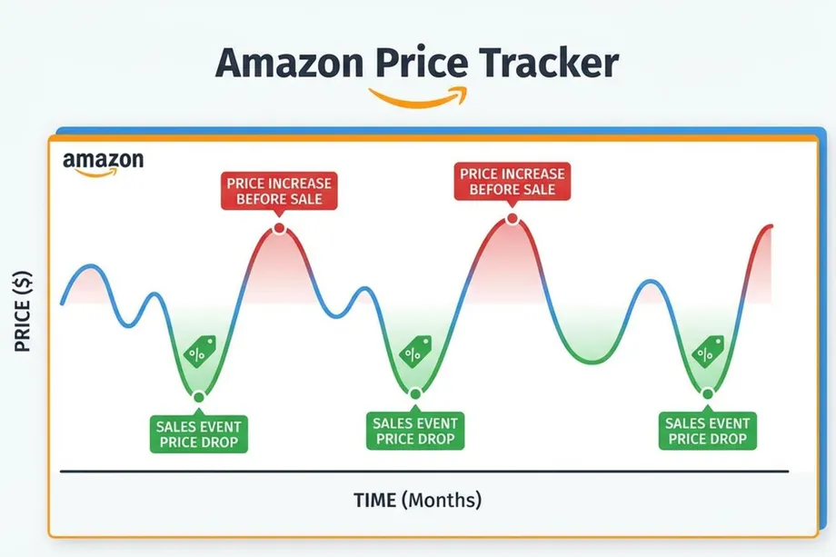 Amazon price tracker line chart showing a recurring pattern of price increases before sales events followed by sharp price drops during sales events, repeating over several months to reveal Amazon's dynamic pricing strategy.