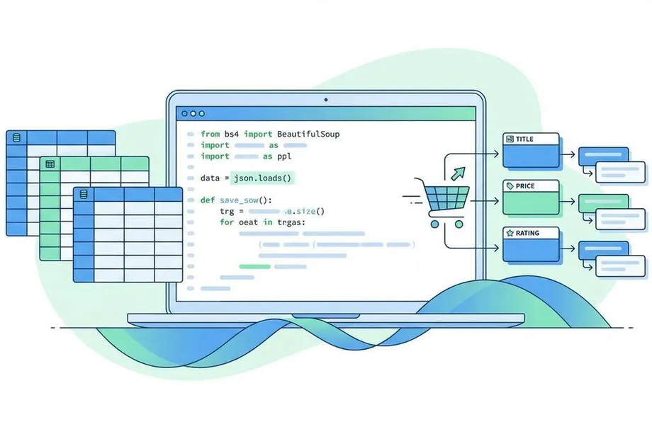 Laptop displaying Python BeautifulSoup and JSON parsing code, with extracted Amazon product data title, price, and rating flowing into structured spreadsheet tables on the left, representing e-commerce data scraping and storage workflow.