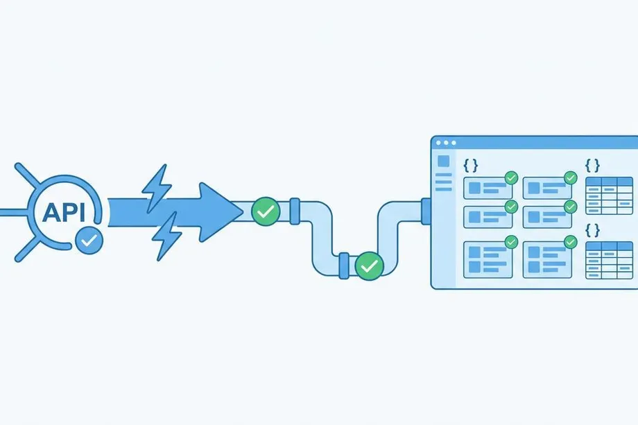 Illustration of a verified API connection sending data through a fast pipeline with checkpoints into a structured dashboard displaying JSON objects and data tables, representing a reliable API data integration workflow.