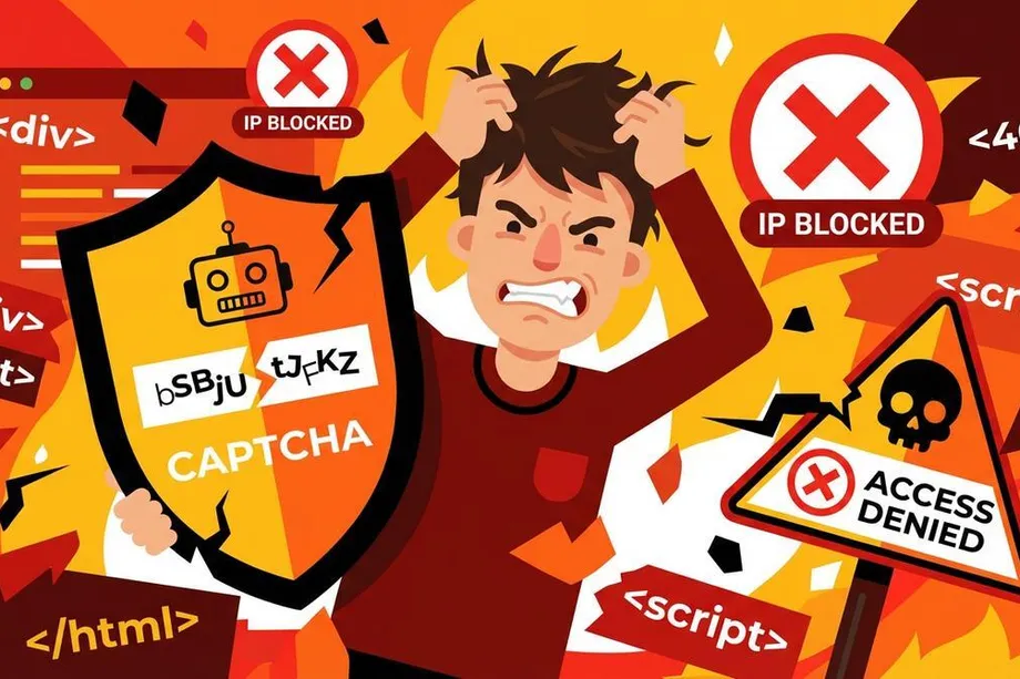 Frustrated developer surrounded by web scraping obstacles including CAPTCHA challenges, IP blocked errors, 404 responses, access denied warnings, and HTML code fragments, illustrating the common pain points of manual Amazon scraping.