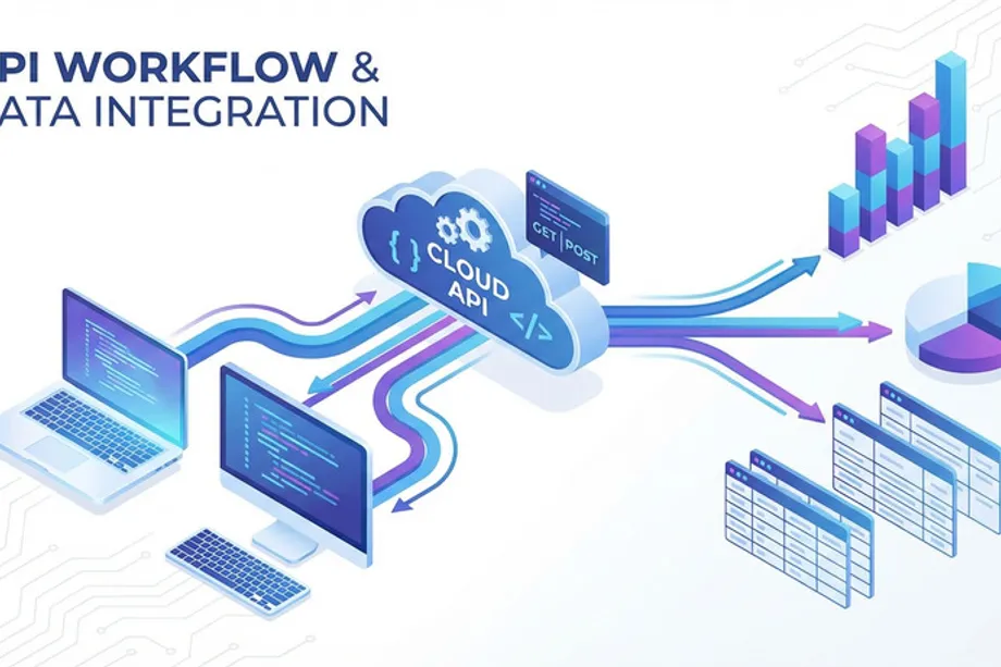 Isometric illustration of an API workflow and data integration system, showing a laptop and desktop sending GET and POST requests to a Cloud API, which distributes data to bar charts, pie charts, and structured data tables.