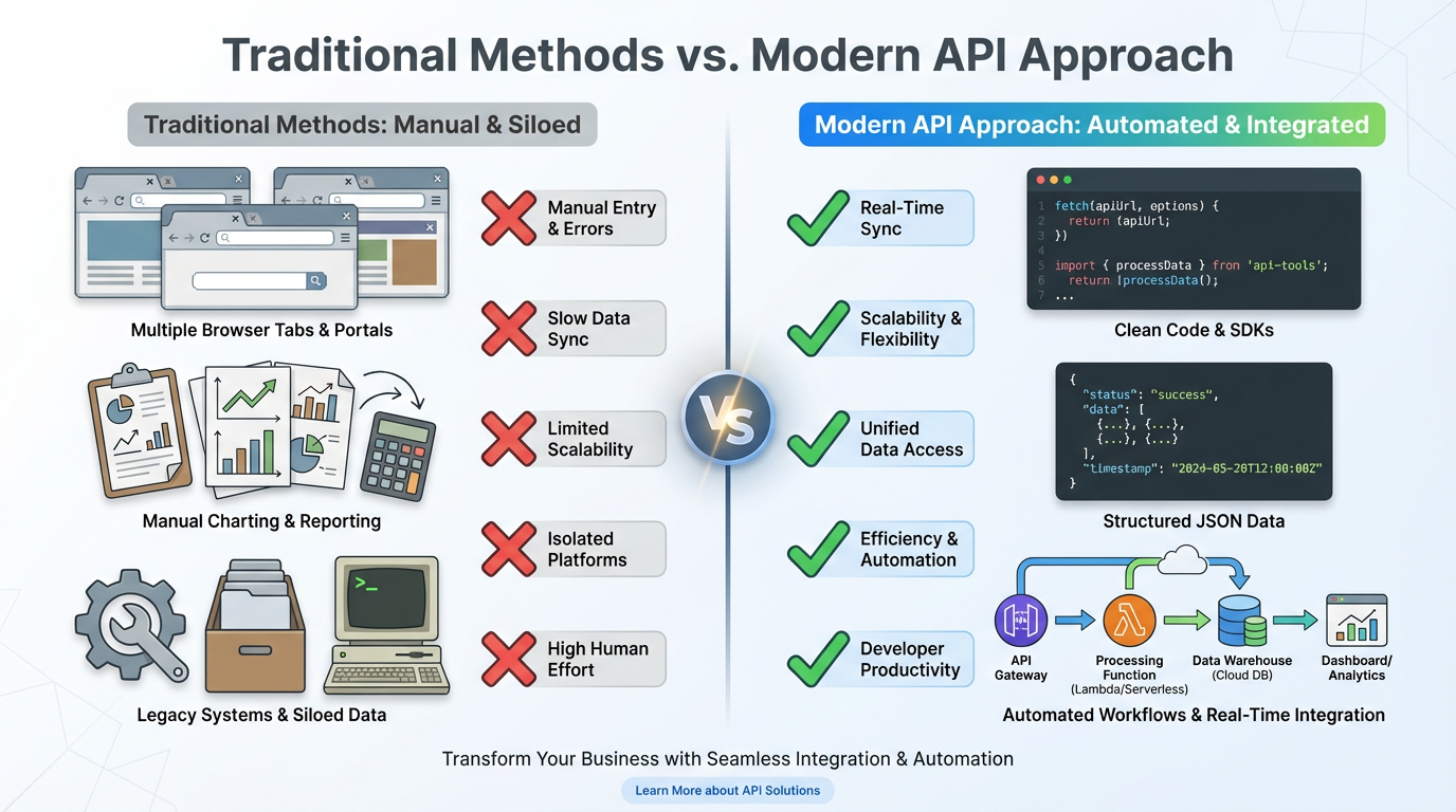 Comparison of traditional methods vs modern API approach for Amazon competitor analysis