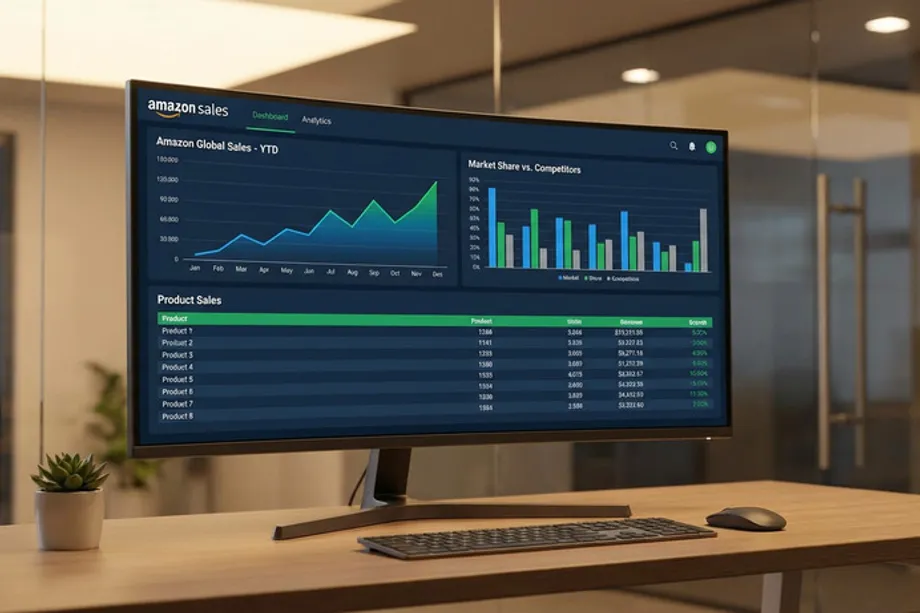 Ultrawide monitor on an office desk displaying an Amazon Sales dashboard with a year-to-date global sales line chart, market share vs. competitors bar chart, and a product sales table listing eight products with units, revenue, and growth metrics.