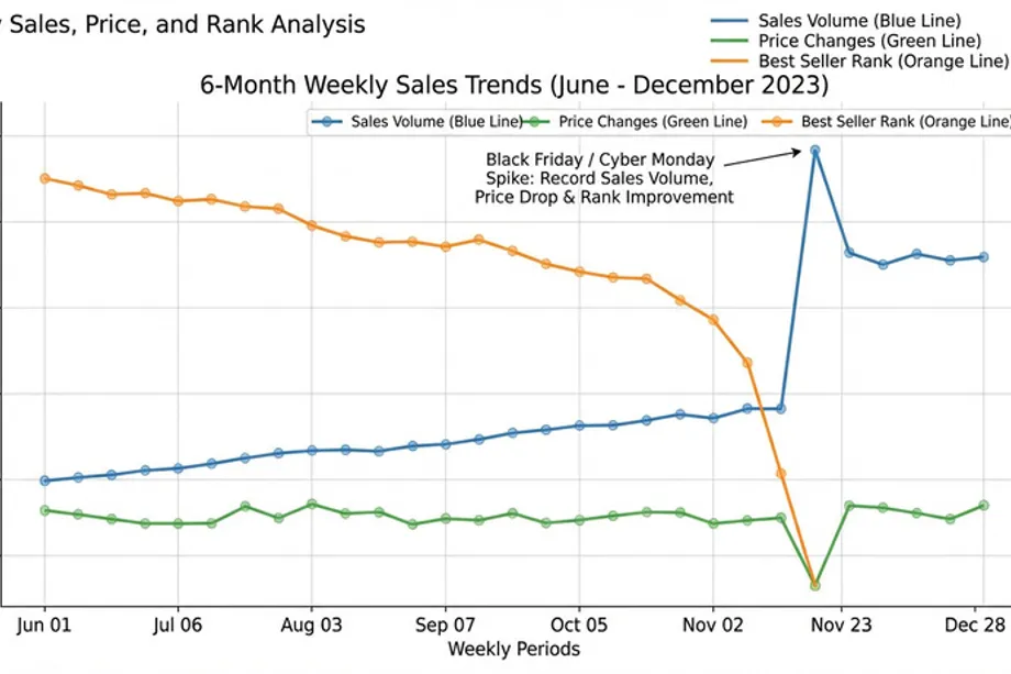 Six-month weekly sales trend chart from June to December 2023 showing sales volume, price changes, and Best Seller Rank, with a sharp Black Friday/Cyber Monday spike in late November driving record sales volume, a price drop, and a dramatic BSR improvement to near rank 1.