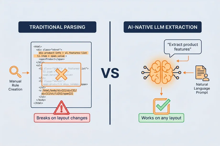Diagram showing the difference between traditional DOM parsing and AI-native LLM data extraction in modern web scraping APIs.