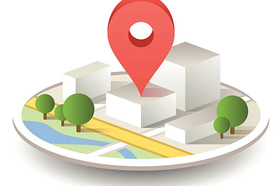 Illustration of a 3D isometric city map with buildings and trees, topped by a large red location pin marking a specific point, representing GPS-based location targeting.