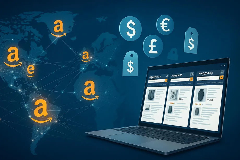Illustration of a laptop displaying Amazon product listings across three international marketplaces  amazon.com, amazon.de, and amazon.jp  with Amazon logos spread across a world map and multiple currency symbols (USD, EUR, GBP) floating above.