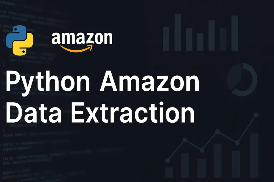 Cover graphic for a "Python Amazon Data Extraction" guide, featuring the Python and Amazon logos over a dark background with code snippets and data analytics charts.