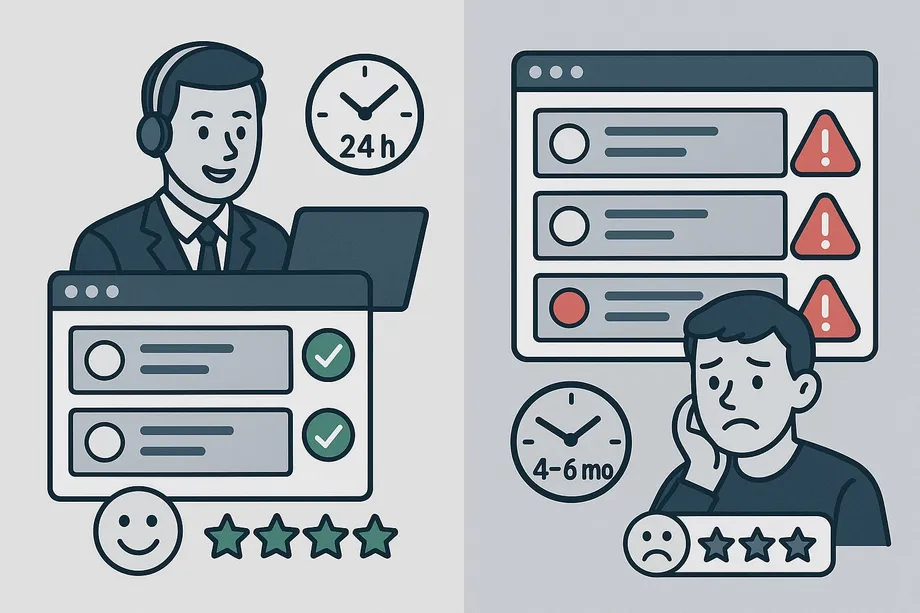 Illustration comparing good versus poor customer support: on the left, a smiling agent with 24-hour availability, green checkmarks, and a 5-star rating; on the right, a frustrated user facing errors, a 4–6 month wait time, and a 2-star rating.