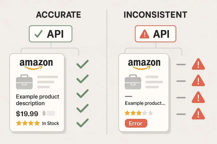 Diagram comparing an accurate API versus an inconsistent API using Amazon product listings: the accurate side shows complete data with green checkmarks, while the inconsistent side displays missing fields, partial descriptions, and error warnings.
