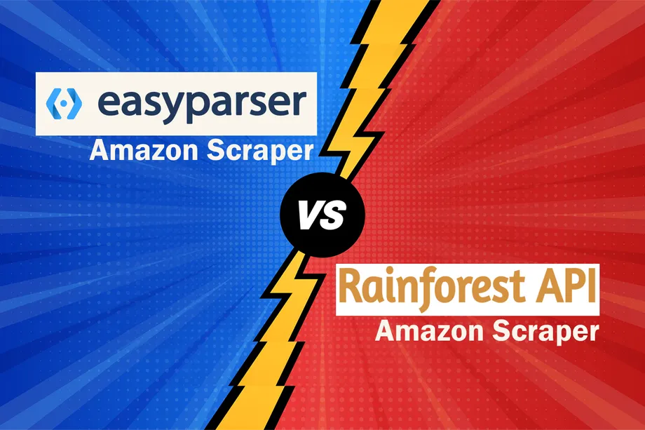 Illustration comparing two Amazon scraper tools: Easyparser Amazon Scraper on the left versus Rainforest API Amazon Scraper on the right, separated by a lightning bolt in a comic-style versus graphic.