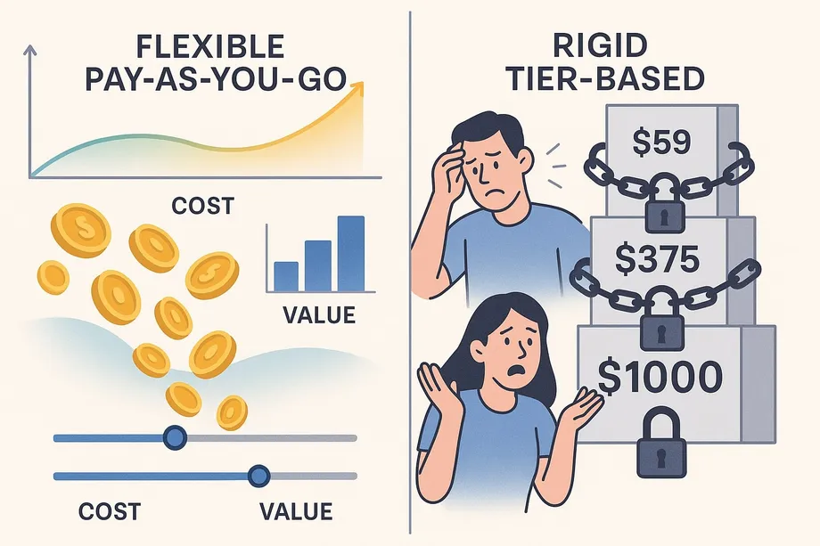 Illustration comparing two pricing models: flexible pay-as-you-go on the left showing scalable cost and value sliders, versus rigid tier-based pricing on the right showing frustrated users locked into fixed plans at $59, $375, and $1,000.
