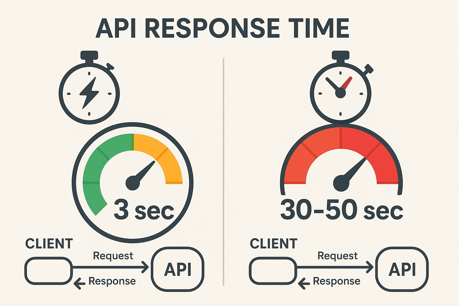 API response time comparison showing 3 seconds vs 30-50 seconds