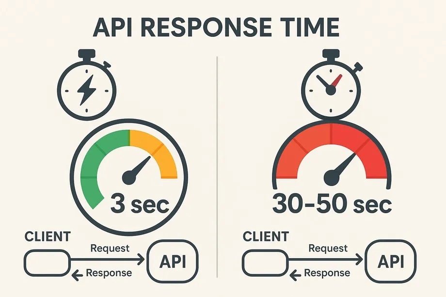 Diagram comparing API response times: a fast API returning results in 3 seconds shown with a green speedometer, versus a slow API taking 30–50 seconds shown with a red speedometer, both illustrating client-to-API request and response flow.